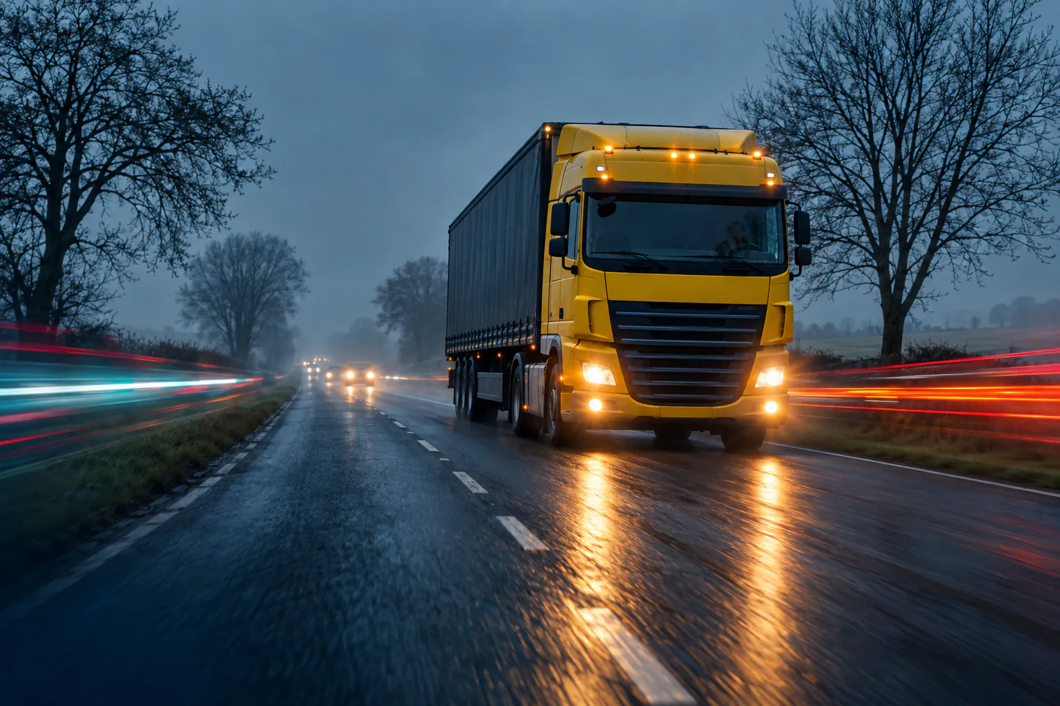An articulated lorry with a yellow cab and a dark curtain-side trailer on a wet road at dusk